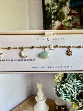 Luna Norte Mother of Pearl Gold Bracelet with Crystal and Mint Green Cloud Charm